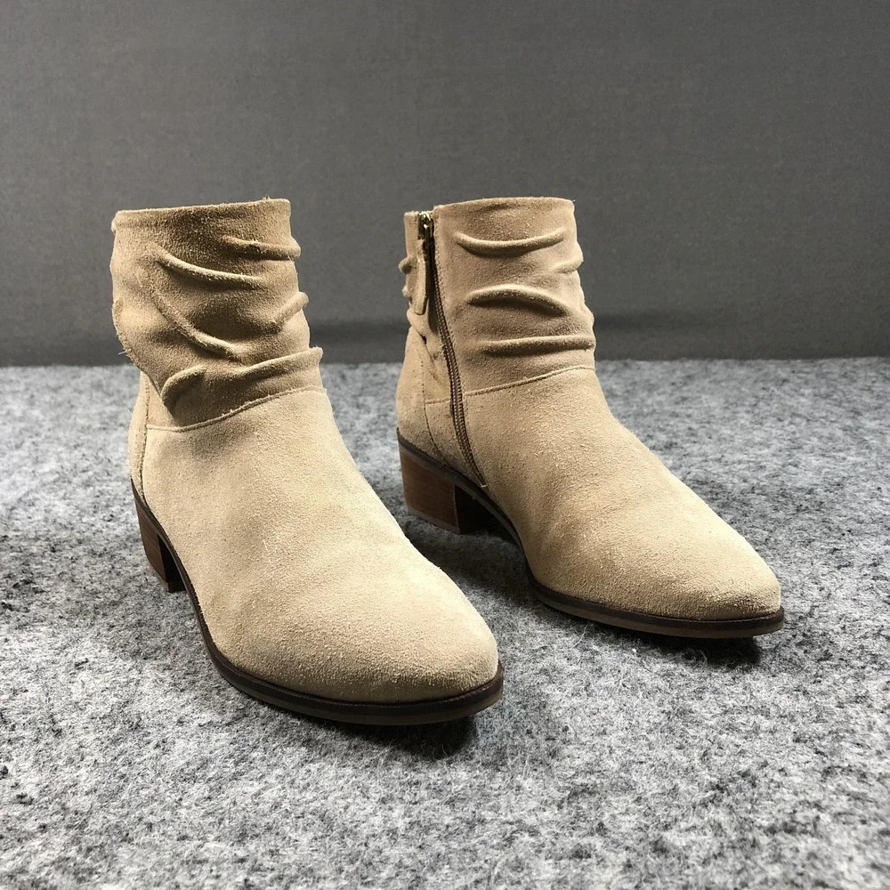 Cole Haan Grand Maple Ankle Booties Womens 8B Beige Suede Ruched Block Heel Zip